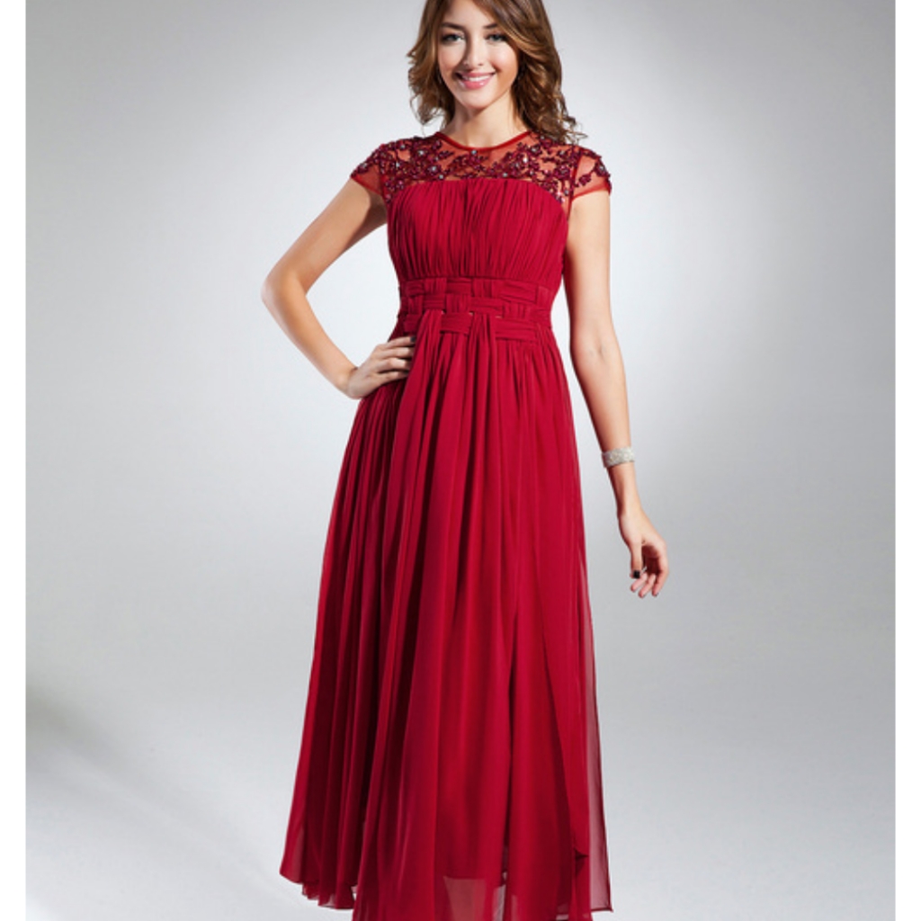 Jj's House Dark Red Chiffon & Sequinned Lace Formal Midi Dress